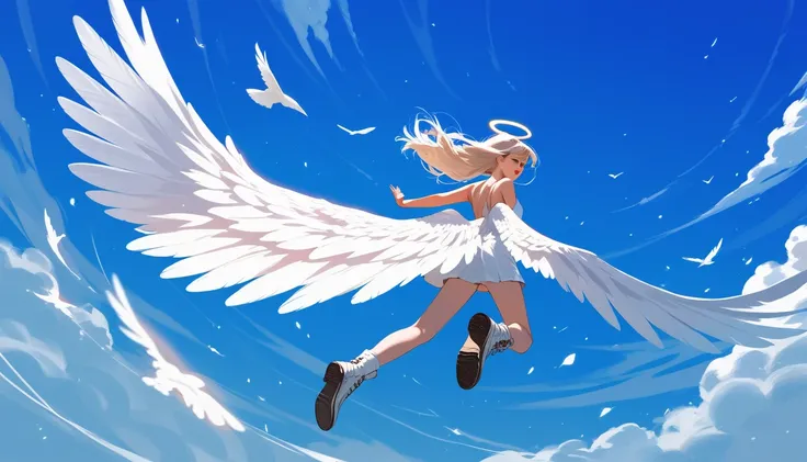 score_9, score_8_up, score_7_up, source_anime, detailed, 8k, cinematic angle, rating safe, from back, wide shot, A white winged angel is flying and look down,