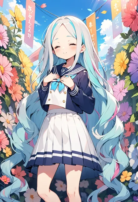 BREAK Perfect Anatomy,(High resolution:1.2),Incredible illustrations(Cute illustrations:1.2)（Beautiful background,blue sky、Colorful flowers）1gial((multicolored hair,wavy long hair)closed eyes, (sailor uniform),(a girl, , height 1.5meters, 40kg),,17-year-ol...