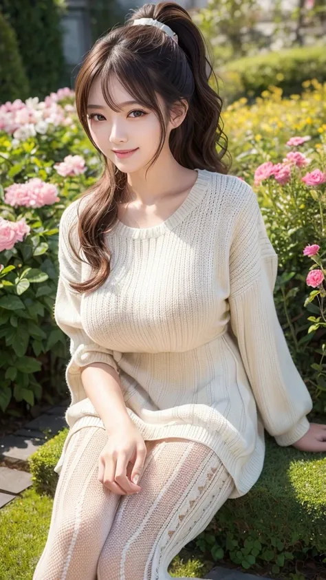 Highest quality、Highest quality、masterpiece、Highest pixels、Young Japanese woman、One woman、Brown Hair、High ponytail、Late 20s、Long legs、Smile、sunlight、sexy、Larger breasts、Long legs、whole body、garden、Knitted dress、Realistic、Real、Realistic、Big eyes、double eyel...