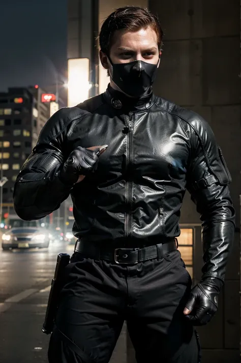 ((realistic: 1.5)),((best quality)), ((masterpiece)),((detailed)), male ninja, Vigilante, Caucasian American, handsome, photorealistic face,short hair, attack position, ninja vigilante tactical superhero outfit, katana on the back,wearing shiny black rubbe...