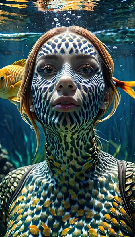 Panorama，A creature with a human face and a fish body under the water（best quality，4K，8K，High level，masterpiece：1.2），Ultra Detailed，（lifelike，Photo real，Photo real：1.37），Highly detailed animals，Complex patterns，Realistic lighting，Fantasy Creatures