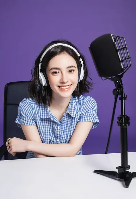 A woman sitting at a table，Laptop and microphone in hands, Sitting in front of the microphone, Twitch Streamers, Twitch Streamers/Ludwig the Gamer, Accept an interview, Accurate portrait, Smile and take control, H3H3, With a happy expression, Accurate expr...