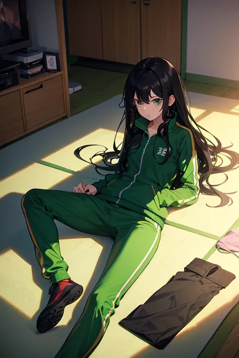 Green Track suit,lie down floor, messy room,messy hair, black hair, long hair, 