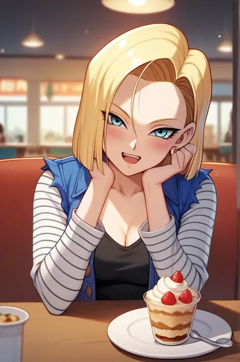 Masterpiece, best quality,dress official art, dragon ball,android 18,mini skirt, nsfw ,1 girl, {{incoming_food}}, {{feeding}}, holding_spoon, foreshortening,{{blurry_foreground}}, , shy smile, blush, open mouth, head_tilt, upper_body, parfait on the table,...