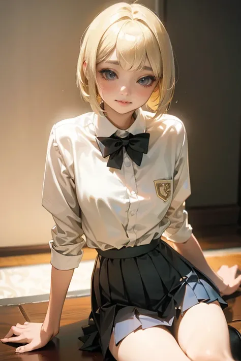 Best quality,Masterpiece,Realistic,fine quality products,delicate detailed picture,gyaru,slim,blonde bobcut hair,very small breasts,shirt,pleated skirt,looking happy