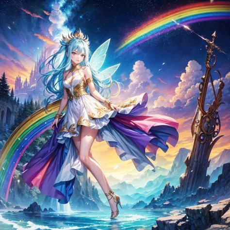 Dream concept, fairy tail, beautiful conceptual fairy, beautiful face, godess, a multicolor cloudy background, rainbow, magical stick, dreamy face, fairy tail, full body, landscape picture conceptual beautiful cartoonic face, full dress,