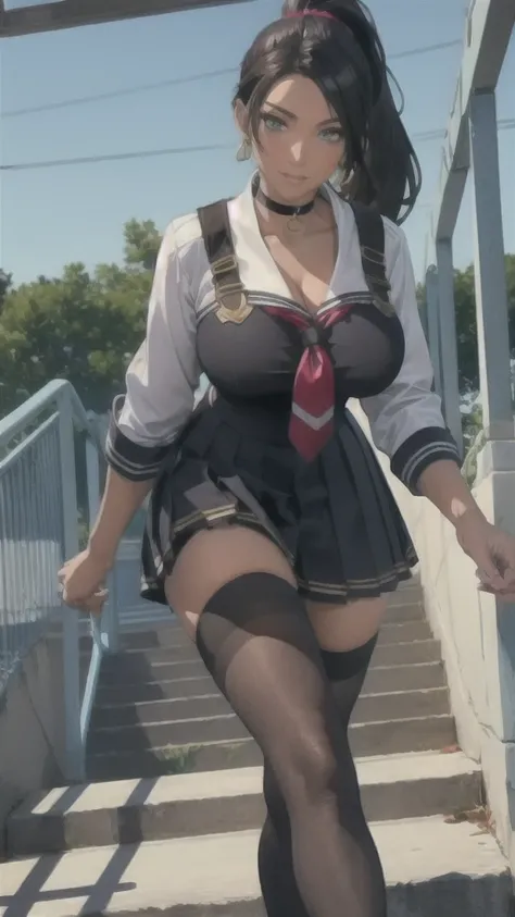 ((Correct Anatomy)),(Detailed image quality),(Female student)、((school uniform))、((Sailor suit))、(Mini Pleated Skirt),(((Black Stockings))),((School Uniform)),((standing)),Ultra-high resolution,Mature Woman, Mature Woman, Very detailed,Sunburned skin,Brown...