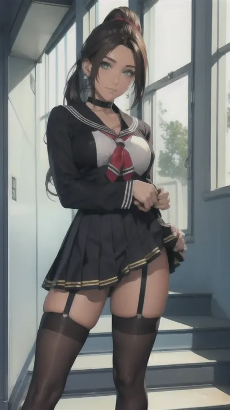 ((Correct Anatomy)),(Detailed image quality),(Female student)、((school uniform))、((Sailor suit))、(Mini Pleated Skirt),(((Black Stockings))),((School Uniform)),((standing)),Ultra-high resolution,Mature Woman, Mature Woman, Very detailed,Sunburned skin,Brown...