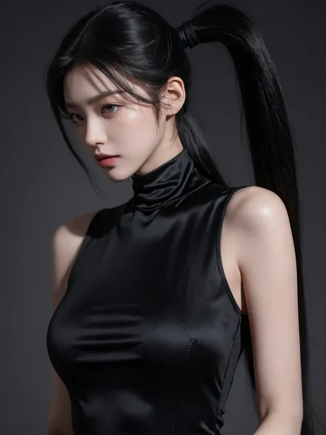 korean model , slim body , 167cm ，Movie Angle，long black ponytails hairstyle, （Cute girl，anatomy correct，thin dress，（ art，geomerty），（plethora of colorest quality，high detal，tmasterpiece，Cinematic lighting effects，4K，Chiaroscuro）