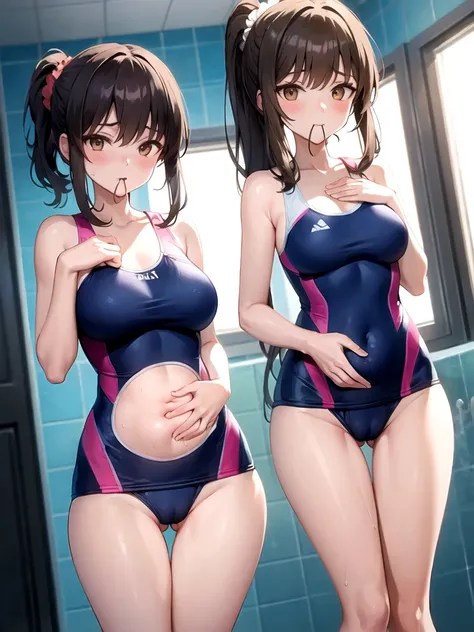 pose Partially visible vulva, Partially visible vulva,One girl, chest, Swimwear, one-piece Swimwear, Swimwearの隙間から見える陰部, belly button, Wet, From below, large chest, blush, one-piece Swimwear pull, Focus Only, Brown eyes, pull clothes, blue one-piece Swimwe...