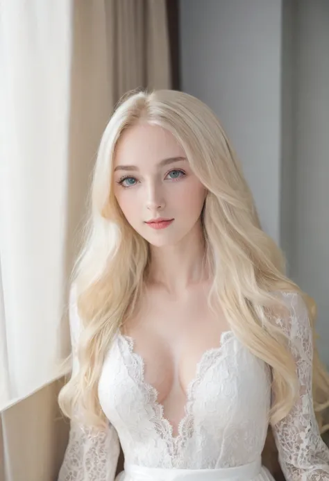 （（European Caucasian Woman））、（（Mary, 18 years old））one person、Thin contours、Grey Eyes、Big Breasts、Narrow waist、White and translucent skin、Beautiful, shiny blonde medium-long hair、8-head-tall model style、White lace long dress、Waist-down angle、Tokyo city