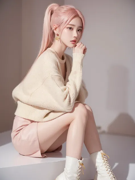 1girl, 175cm,korean kpop idol and model, 22 years old,soft body, close-up, 8k, RAW photo, best quality, masterpiece,realistic, photo-realistic,seductive,cute,A beautiful woman in a tight skirt,tall white boots，Liuhai hairstyle,ponytails hairstyle , gold pi...