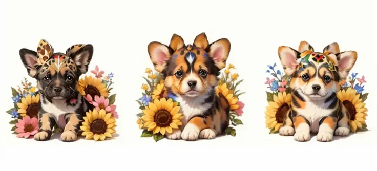 3 puppies of different colors, intricate details, surrounded by flowers of different varieties and small butterflies, bright light, sharp edges, whimsical associations, bold creativity, white background. Best Quality, Ultra Detailed, Masterpiece, 32K.