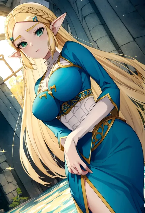 princess zelda, blonde very long hair, green eyes, wearing a sexy blue dress, side slit, ultrasharp, looking at the viewer, ((best quality)), ((masterpiece)), (detailed), perfect face, big breast, sexy body, sexy woman besides her, hugged, An anime scene o...