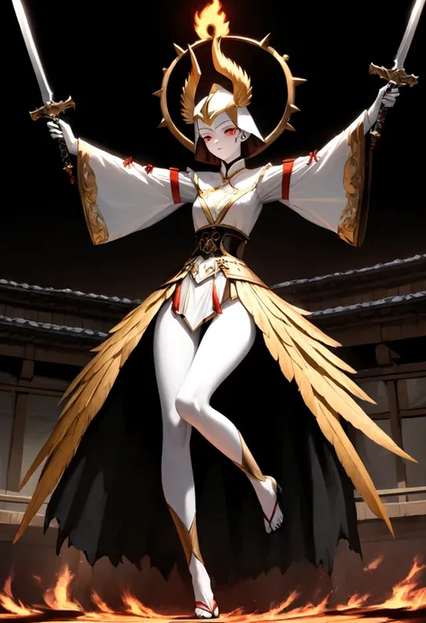 Highest quality、Masterpiece、Ultra-high resolution、(Reality 1.4)、Raw photo、(Slender legs)(Perfect figure)、Dynamic Pose、Keiji Maeda、White beautiful face、Hold the sword with both arms and swing it down at the opponent、Riding a white horse、Background with a bu...