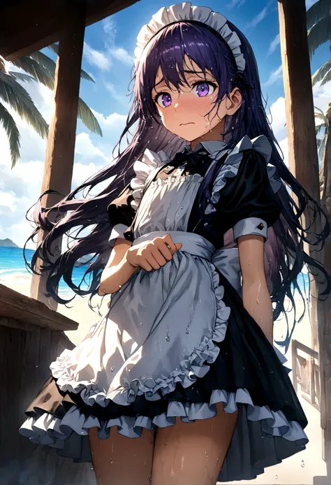 ((32k)), ((best quality)), ((ultra high res)), ((HDR)), ((UHD)), ((extremely detailed CG)), ((unity 32k wallpaper)), (((14 years old))), ((multicolored long hair)), purple eyes, (beach background), ((embarrassed)), (wet body), (wet hair), (peer in from bel...