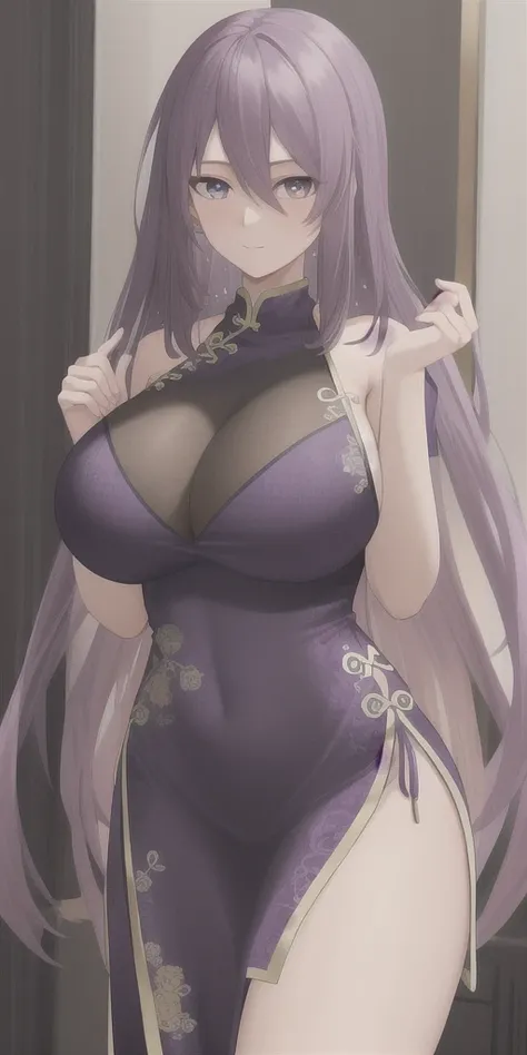 Long Purple hair,huge_breasts, china_dress, masterpiece, best quality, detailed face, detailed eyes, highres,