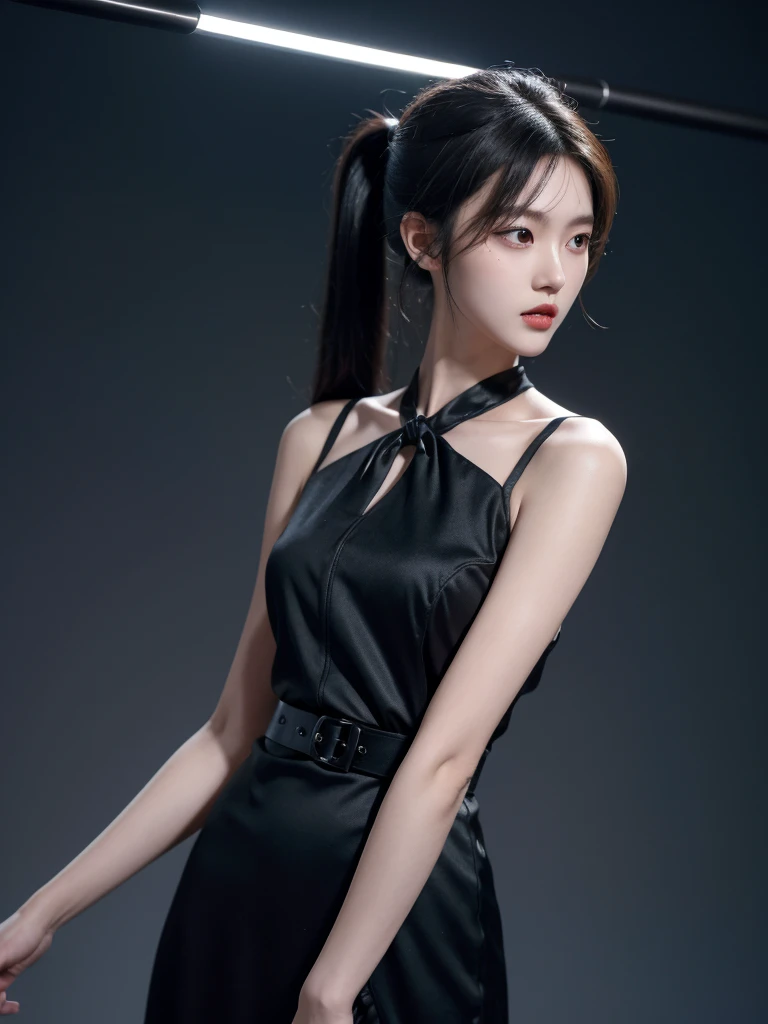 korean model , slim body , 167cm ，Movie Angle，long black ponytails hairstyle, （Cute girl，anatomy correct，wrap dress , ribbon belt，（ art，geomerty），（plethora of colorest quality，high detal，tmasterpiece，Cinematic lighting effects，4K，Chiaroscuro）