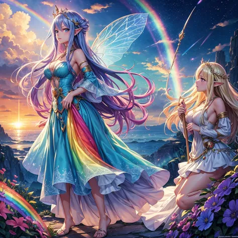 Dream concept, fairy tail, beautiful conceptual fairy, beautiful face, godess, a multicolor cloudy background, rainbow, magical stick, dreamy face, fairy tail, full body, landscape picture conceptual beautiful cartoonic face, full dress, single fairy full ...