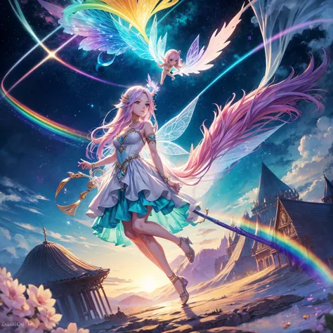 Dream concept, fairy tail, beautiful conceptual fairy, beautiful face, godess, a multicolor cloudy background, rainbow, magical stick, dreamy face, fairy tail, full body, landscape picture conceptual beautiful cartoonic face, full dress, single fairy full ...