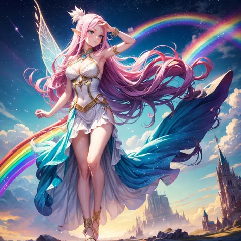 Dream concept, fairy tail, beautiful conceptual fairy, beautiful face, godess, a multicolor cloudy background, rainbow, magical stick, dreamy face, fairy tail, full body, landscape picture conceptual beautiful cartoonic face, full dress, single fairy full ...