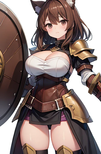 highest quality、large breasts、Dog ears、Brown hair short、Mischievous、leather armor、Large shield in left hand、Great sword in right hand、Remains