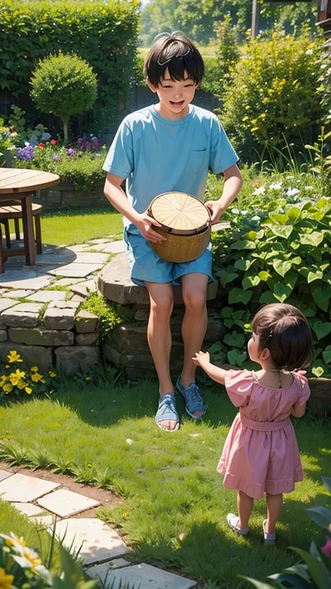 garden　playing with children　smile　The boy&#39;s hair is black　The girl has brown hair　summer　blue sky　cumulonimbus