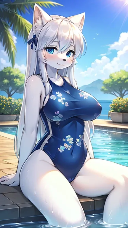 best quality, best resolution, (fluffy anthro furry), arctic fox girl, silver hair, blue eyes, (white fur), long straight hair, big breast, sophisticated manner, (dark blue one piece swimsuit with subtle floral pattern), sitting in water, lavish pool, sun ...