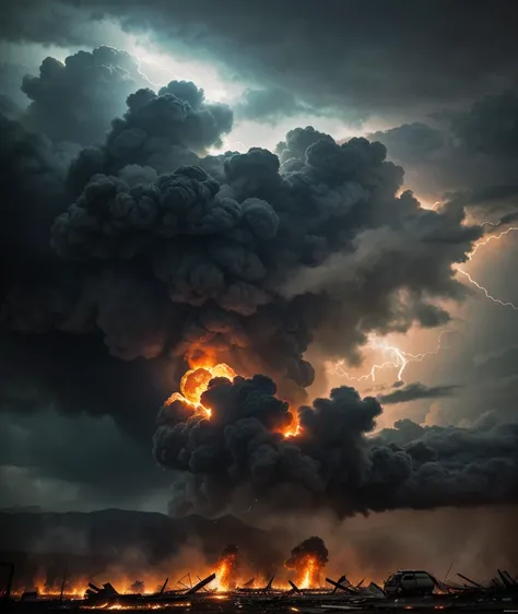 A terrifying plane crash caused by a fearsome lightning strike, the scene vividly captures the chaos and destruction: flames licking at charred wreckage, billowing dark clouds overhead, a closeup view highlighting the intensity of the disaster. This cinema...