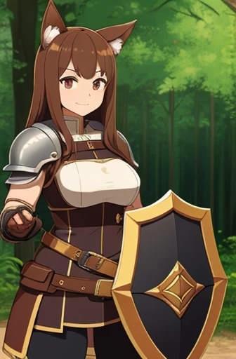 highest quality、large breasts、Dog ears、Brown hair medium length、Mischievous、leather armor、Large shield in left hand、Great sword in right Hand, Forest,