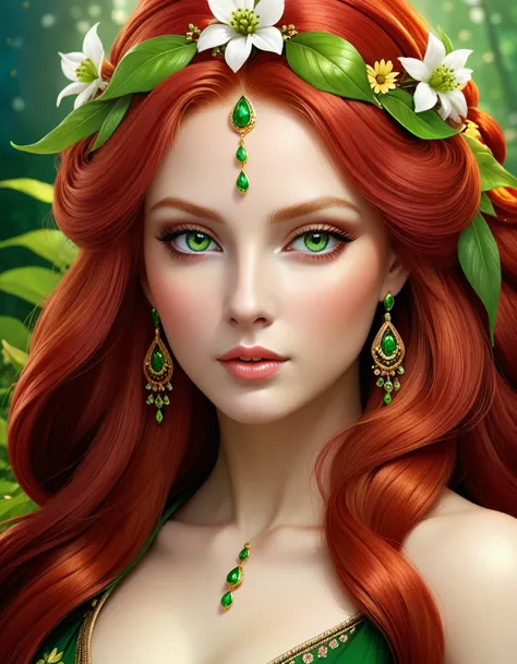 very beautiful portrait of a beautiful goddess, beautiful fantasy girl, Beautiful girl, The mythology of the goddess of the earth, beautiful fantasy portrait, flower goddess, red hair with green eyes detailed face, Russian folk style , in glazing technique...