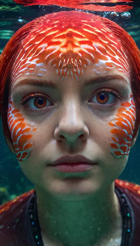 Panorama，A red fish-like creature under the water，The head is a human face（best quality，4K，8K，High level，masterpiece：1.2），Ultra Detailed，（lifelike，Photo real，Photo real：1.37），Highly detailed animals，Complex patterns，Realistic lighting，Fantasy Creatures