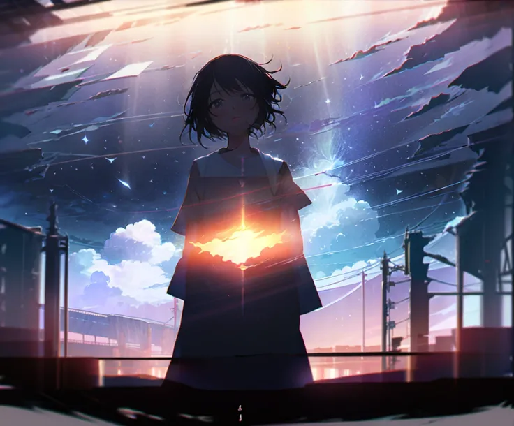 Films by Makoto Shinkai「Your Name。」Wallpapers inspired by. Starry Sky, masterpiece, Black silhouette, Perfect Anatomy, romantic, Kimi No Na Wa, Highly detailed face、girl、Cute face, Perfect Face, masterpiece, 4K, in love, Your name style, Kimi No Na Wa, Sta...