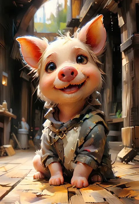 Masterpiece Illustration, high quality, high resolution 16k, a painting of a dady pig with a smile on its face,(fisheye camera ) zhibi, funy cartoon, computer graphics, oil painting, little pig sitting on a wooden floor, trend in Art Station, playful smile...