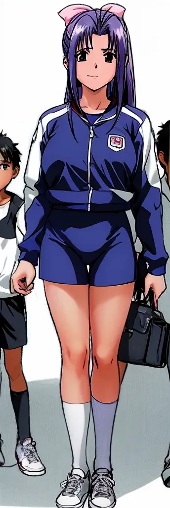 Momoko Koigakubo, a tall girl with beautiful legs, is standing with a smile on her face, wearing white gym clothes and light navy blue bloomers that look like panties, with her legs spread to the sides.。Next to Momoko Koigakubo is a smiling second-grade bo...