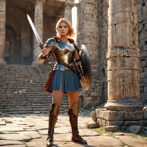 fullbody, stylish beautiful young women, round face, cymmetric eyes, beauty nose, light brown clean skin, wears soldier rome with armor, soldier rome shoes, one hand was raising a sword, luxurious blonde hair, ruins of a Roman empire background, high detai...