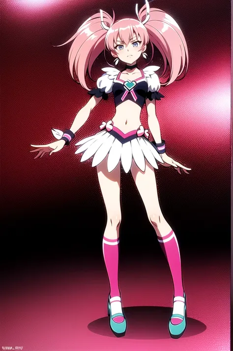 cure melody, navel, pink hair ribbon:1.2, hair band, pink thighs, pink shoes, wrist cuffs, twin tail, anime coloring, best quali...