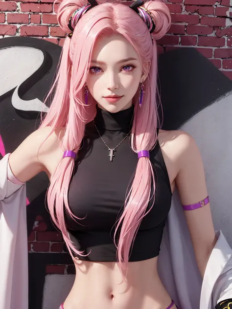 (Masterpiece, best quality, 1 girl, alone, complicated details, Chromatic aberration), realistic, ((Moderate breath)),long hair, pink hair, Red headpiece, Pink Highlights, hair on one eye,purple eyes, earring, sharp eyes, choker, Neon coat, She wears a col...