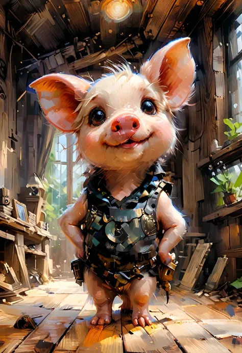 Masterpiece Illustration, high quality, high resolution 16k, a painting of a dady pig with a smile on its face,(fisheye camera ) zhibi, funy cartoon, computer graphics, oil painting, little pig With big ears sitting on a wooden floor, trend in Art Station,...