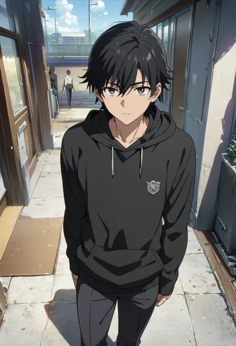 A highschool boy, handsome, perfect body, black hair, short hair, mullet black eyes, expressionless, black hoodie, anime, first-person view, masterpiece, anatomically correct, high details, highres, best quality, super detail, 1080P