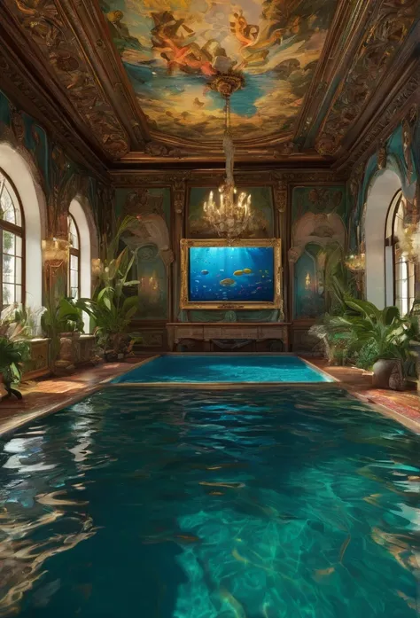 a close up of a pool in a house with a tv in the background, a hyperrealistic painting inspired by Gaston Bussière, reddit contest winner, renaissance, in a luxurious pool, next to a pool, a pool inside the giant palace, dreampool rooms, 🌻🎹🎼, in a swimming...