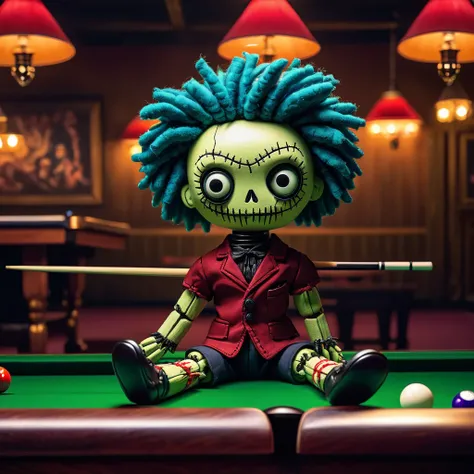 (knitted toy voodoo doll:1.5), (Voodoo at Billiards Hall:1.3), (Clothing: casual outfit:1.0), (Accessories: pool cue, chalk:1.1), (background: lively billiards hall with floating balls, glowing tables, and focused players:1.2), best quality, masterpiece, d...