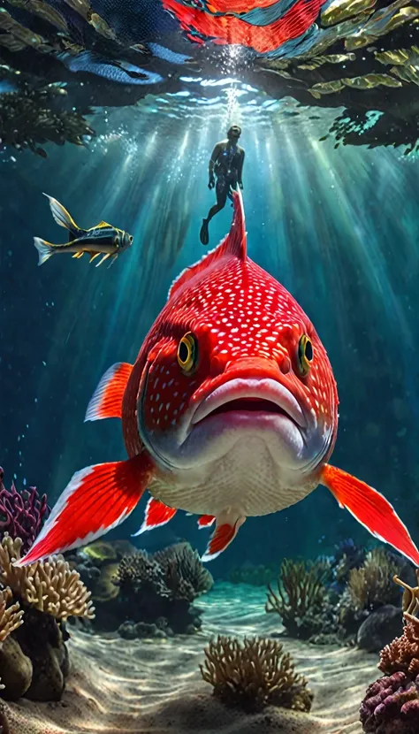 Panorama，A red fishman under the water，Human head fish body，Fish fins and tail（best quality，4K，8K，High level，masterpiece：1.2），Ultra Detailed，（lifelike，Photo real，Photo real：1.37），Highly detailed animals，Complex patterns，Realistic lighting，Fantasy Creatures