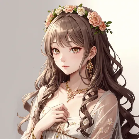 a drawing of a girl with a flower crown and long hair wearing some jewelry, 1girl, jewelry, solo, long hair