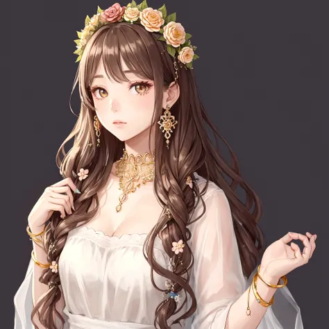 a drawing of a girl with a flower crown and long hair wearing some jewelry, 1girl, jewelry, solo, long hair