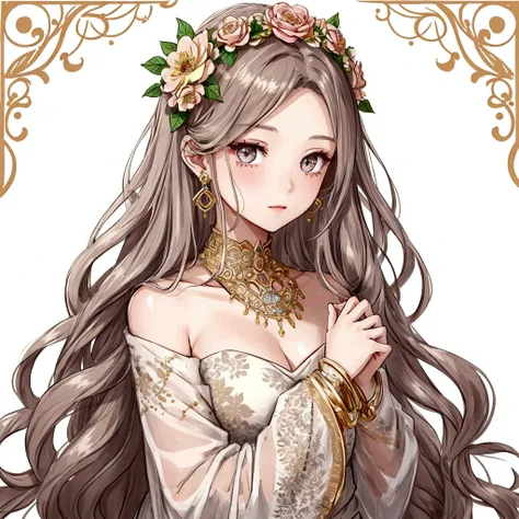 a drawing of a girl with a flower crown and long hair wearing some jewelry, 1girl, jewelry, solo, long hair