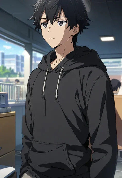 A highschool boy, handsome, perfect body, black hair, short hair, mullet black eyes, expressionless, black hoodie, anime, first-person view, masterpiece, anatomically correct, high details, highres, best quality, super detail, 1080P