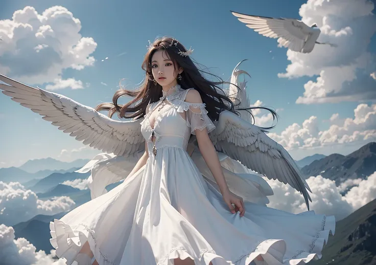 Dream concept, angle, beautiful face and wings, in cloudy atmosphere, full dress decent holy 
angle 