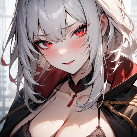 nsfw,1 girl,White hair,red eyes,独奏,portrait,Cleavage,masterpiece, best quality, very aesthetic, absurdres masterpiece, best quality, very aesthetic, absurdres masterpiece, best quality, very aesthetic, absurdres,looking at viewer,vampire,Black Cape