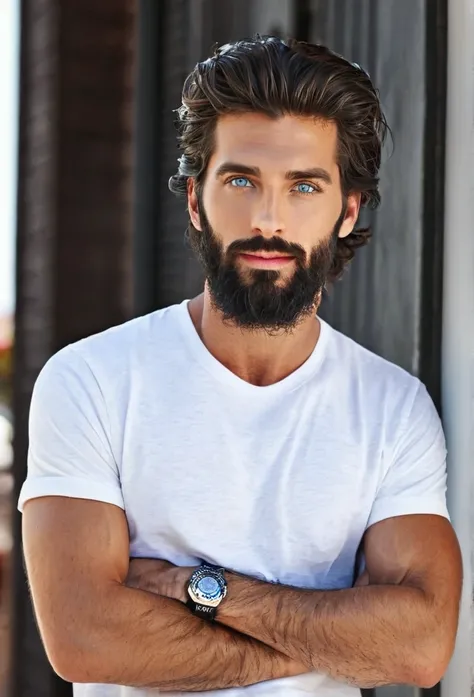 Male... dark blue eyes...  fit... tall... handsome... Mediterranean... stubble beard... medium large hair... T-shirt... Breakfast 